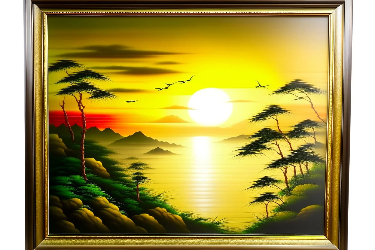 cartouche japanese oil painting of a sunrise