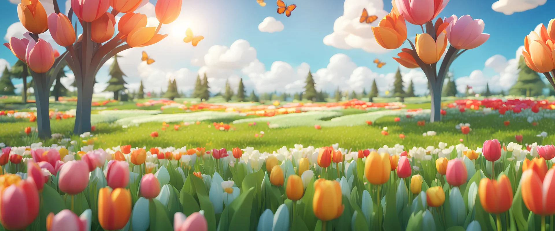 Background: beautiful pastoral field on a bright sunny day landscape, clouds, tulips, spring flowers, 3d cartoon asset, low-poly stylized, clean Details: colorful flowers, far-off trees, bees and butterflies. Camera: frontal angle, 45°, 35 mm. Lighting: high noon sun, LED lights. 3d asset, cartoon style