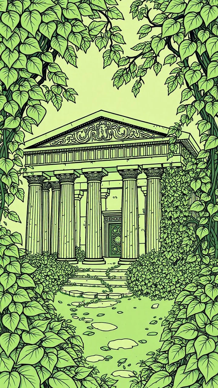 very detailed all Green Ancient Greek temple surrounded by leaves and ivy, medieval, gothic style, fine line draw style