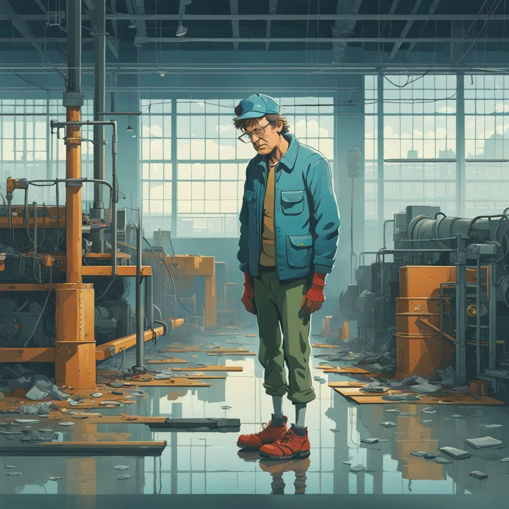 an very sad transparent drinking glas man with legs and shoes, working clothes, in a factory, nobody cares about the empty glas, that is why he is so sad :( , he had worked 30 years in the factory and never had a salary increase, tears in his eyes, simon stålenhag cartoon style