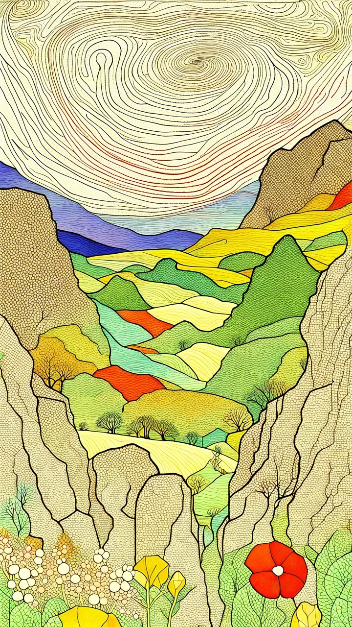 Many colors, peaceful, Egon Schiele, Max Ernst, night sky filled with galaxies and stars, rock formations, trees, flowers, one-line drawing, sharp focus, 8k, deep 3d field, intricate, ornate, one million strokes