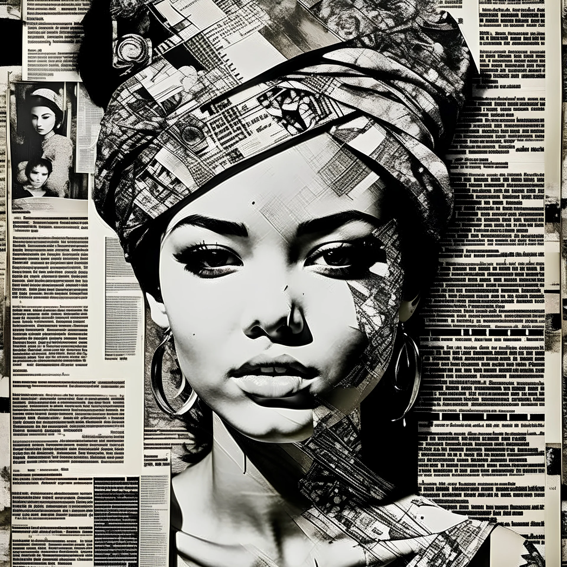 Charcoal drawing illustration collage, marker drawing portrait of a Vietnamese woman on collage of book pages, magazine headlines cutouts, musical notation paper scraps, by Peterdraws, flowerpunk, boho styled fabrics, intricate, buttons, wirework jewelry, by Loui Jover