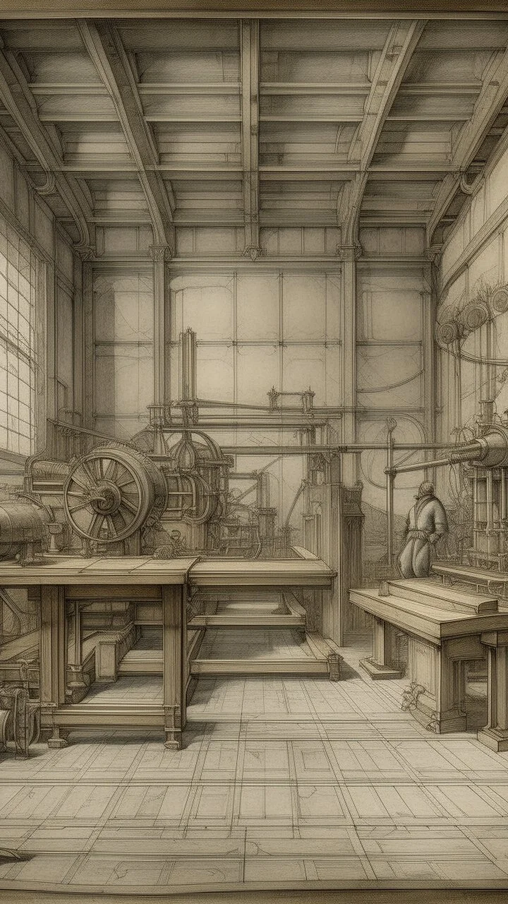 A light gray mechanical workshop painted by Leonardo da Vinci