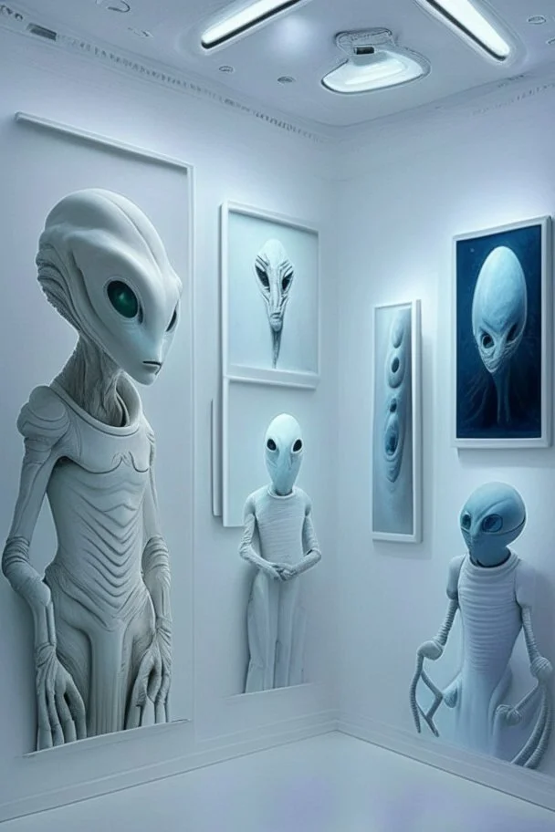 Alien Museum The color of the wall is white and there are more than one painting of aliens