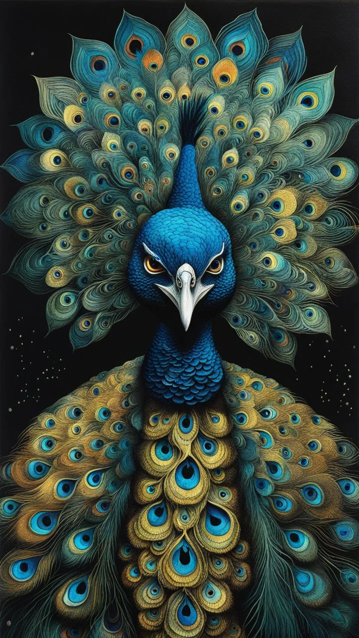 Max Ernst surrealist full body portrait alcohol ink illustration of a peacock with intricately detailed facial features, traversing the multiverse of transformative and expanded consciousness, blurring the boundaries between mortal and immortal, sharply defined and detailed, 4k in dark moody natural colours Bosch painting style