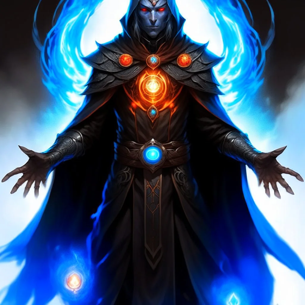 A 25 years boy persian in matte black robes with flaming eyes with grin with flaming light blue pupils stands atop a squire Two infinity gauntlets contain six infinity stones, one of which is made with nano In the hands of a powerful man walking While standing on a majestic height from afar With two big wings