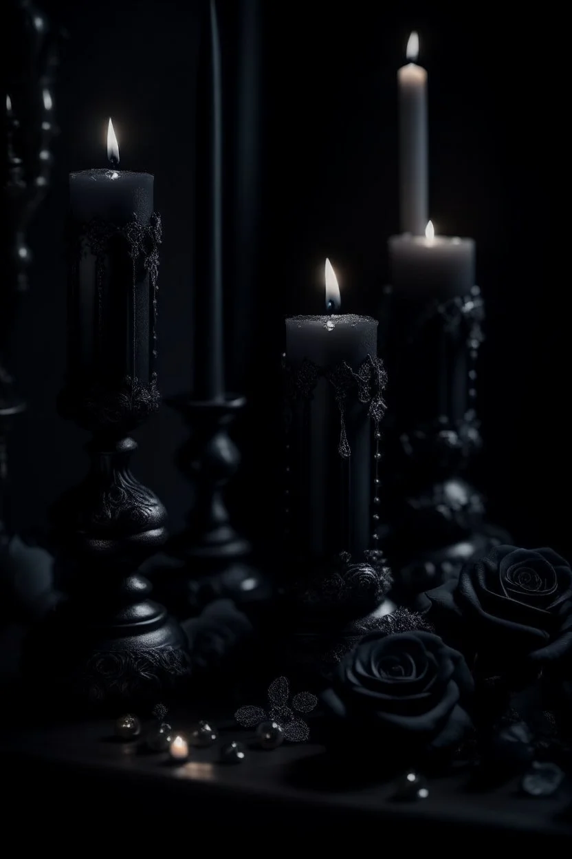 MAGIC Gothic black candles, black lace, pearls, black roses on a white background, trending on Artstation ::{creative commons}:: Illustration :: Color correction:: Filmic, Nikon D750, Brenizer Method, Perspective, Depth of Field, F/ 2.8, Lens Flare, Tonal Colors, 8K, Full-HD, ProPhoto RGB, Perfectionism, Frame Illumination, Natural Lighting, Soft Backlight