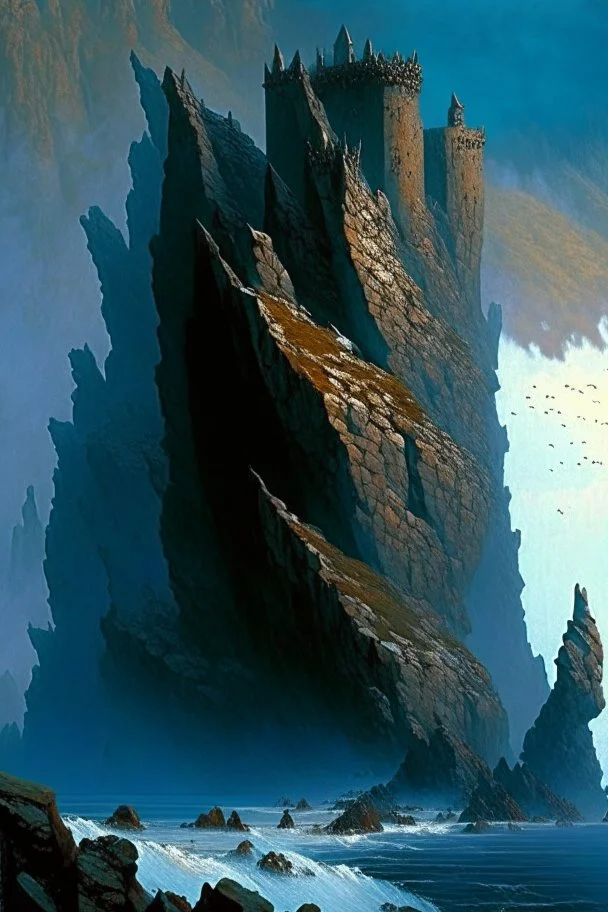 a rocky coast. A long isthmus juts out into the sea. the isthmus slopes upwards. on top of the isthmus there is a large fortress. dramatic. style of Michael Whelan.