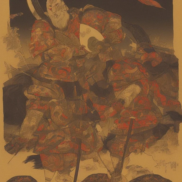 Samurai Japanese Ukiyo-e, sun in the background, walking in the mountains