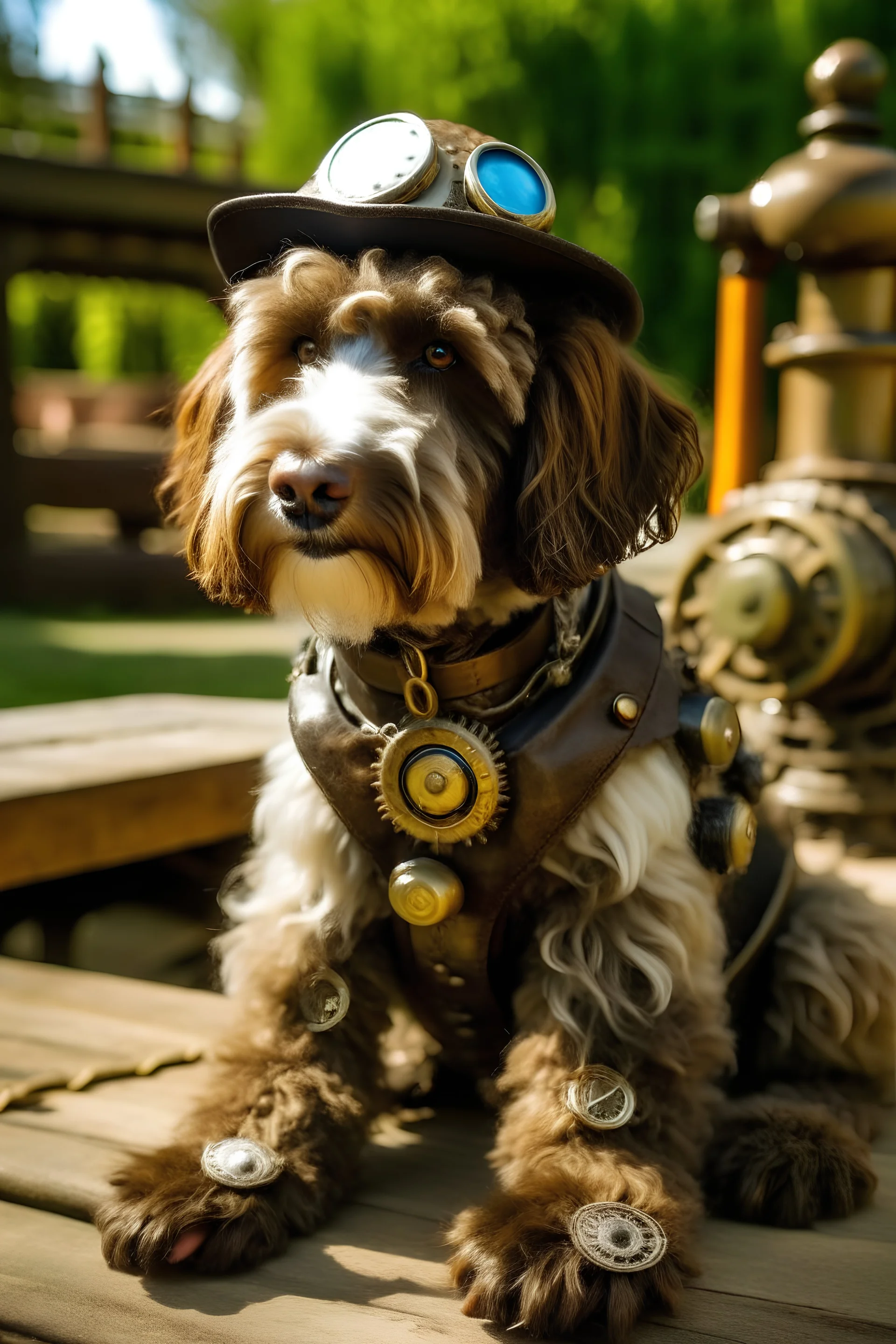chien steampunk dans un parc labradoodle jeune