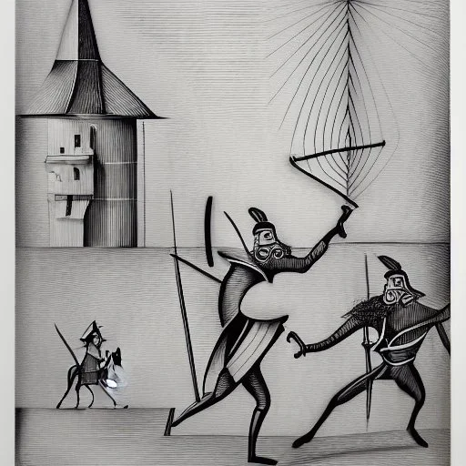 hand drawn in single line by Nicolai Blatter with hatch with parallel wavy lines metal engraving representing the Adventures of Don Quixote de la Mancha in bosch style or salvador dali style