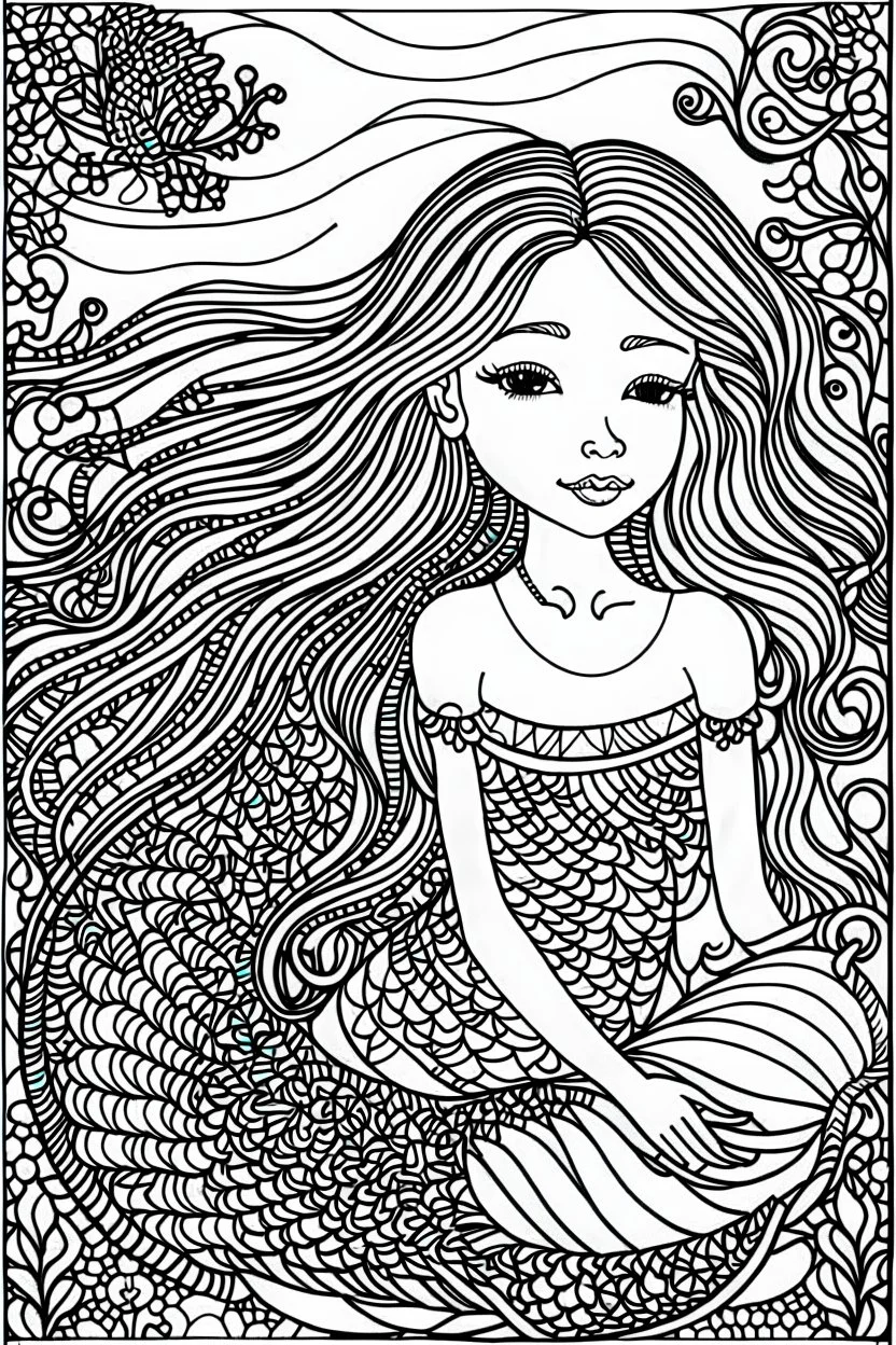 This captivating and delightful black line drawing is perfect for young artists. It features a charming and enchanting mermaid, waiting to be brought to life with colors by a 6-year-old child. The thick and bold outlines make it easy for little hands to color within the lines, fostering creativity and imagination. The mermaid is the centerpiece of the image, with her flowing hair, graceful tail, and a joyful expression on her face. The full undersea background adds depth and excitement to the s