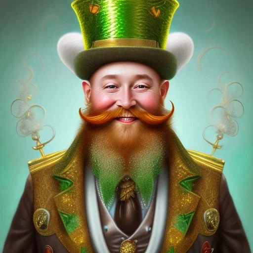 portrait of leprechaun man,, beard,top hat,elegant gold and green suit,smiling, by Chie Yoshii