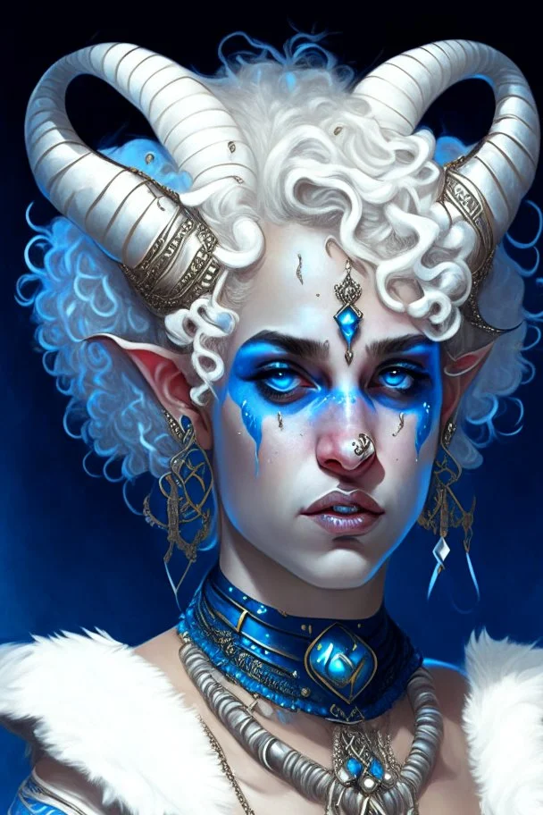 A young tiefling woman with a set of ram horns on her head encrusted with jewels, White-Blonde, short curly hair, black eyes, dressed in white and blue with lots of jewelry, beautiful