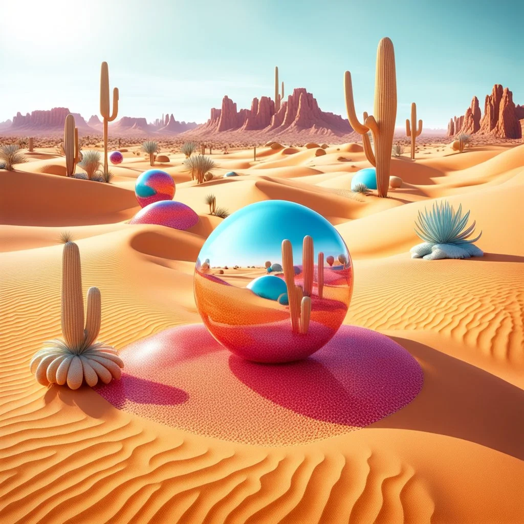 Bright, glittering, 3d, plastic-like, surreal objects in a bright environment, desert, noon light