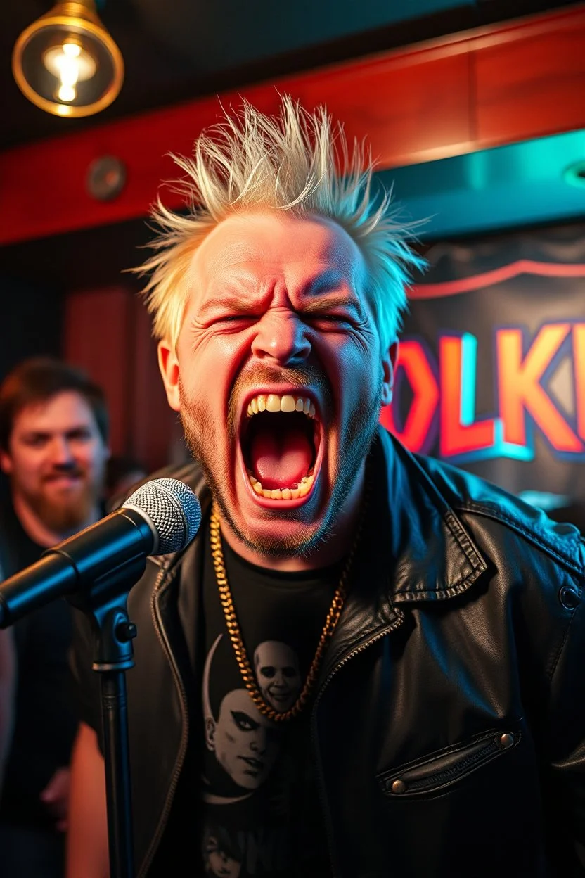 A very angry and bitter punk rocker screaming at microphone, very aggresive image in a club house, his name i FOLKE, and the name FOLKE in background