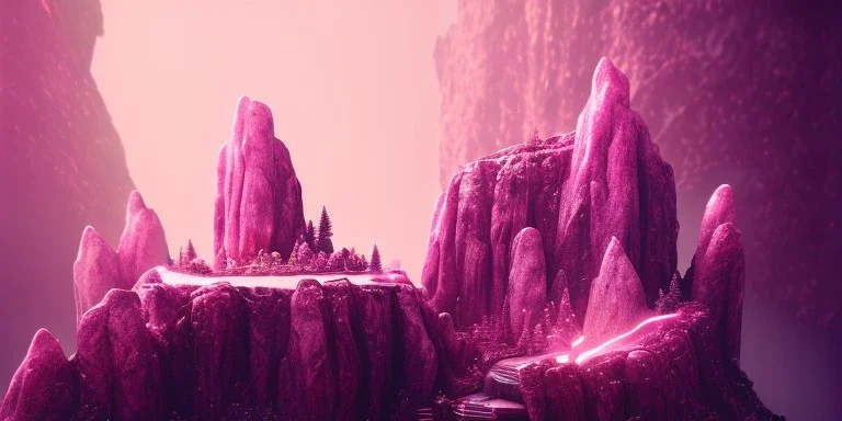 single pink crystal, on an altar in a foggy cave, cinematic,