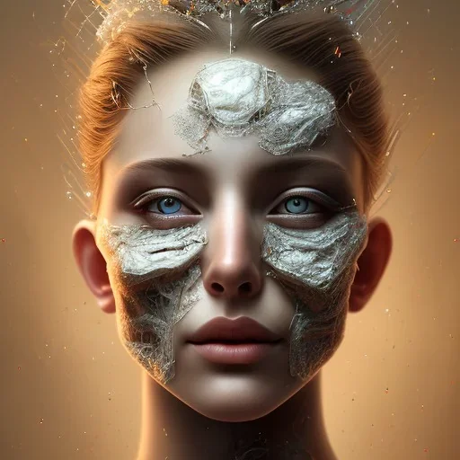 half bride's face, half male face, broken, cracked-open, fine detail, highly intricate, bridal veil, modern surrealism painting, identity crisis, high-quality, volumetric lighting, 8k, ultrahd, George Grie, Marco Escobedo, Igor Morski