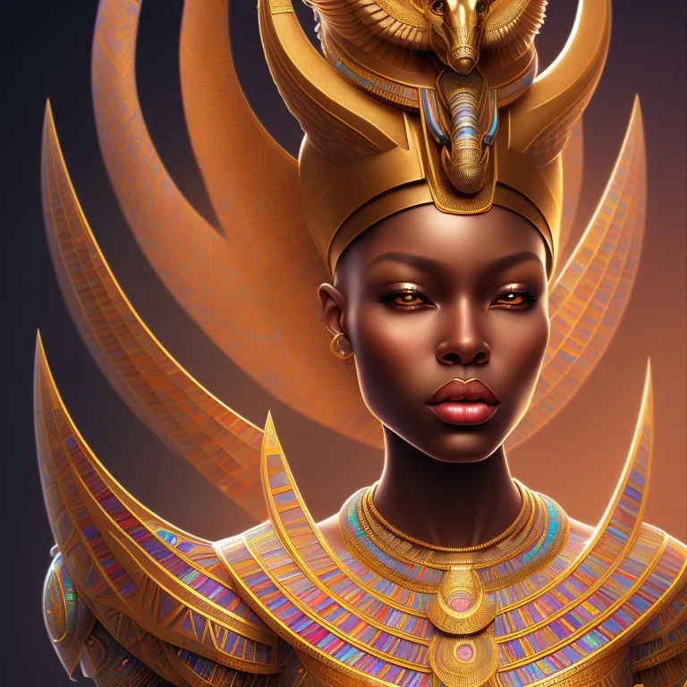 sango fantasy, fantasy magic, intricate, sharp focus, illustration, highly detailed, digital painting, concept art, matte, masterpiece head sexy view black African beauty black afro hair earth lady gold falcon head Egyptian princess pyramid sphinx background