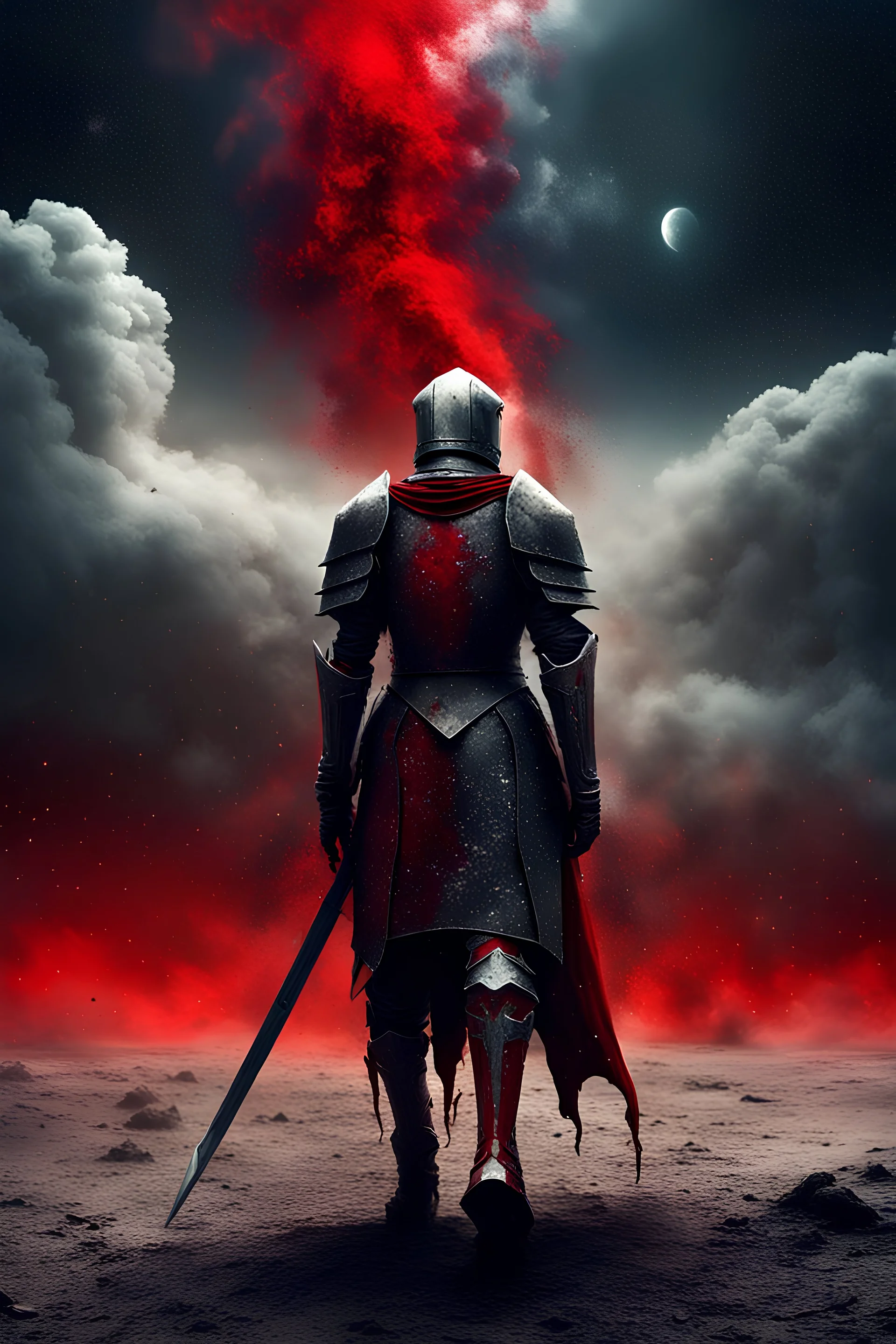 sad knight walking away turning into dust walking away into a bright grey world fading as the world crumbles under as space snaps under his feet with nothing but clouds overhanging him as the world collapses into space with a bloody serpent floating in the air raining red and galaxy like dust that falls to the ground yet never hits the knight with stars in the sky burring like a non Euclidian galaxy with a moon overhead glowing like a sun as god lays down his hand for the people who once died