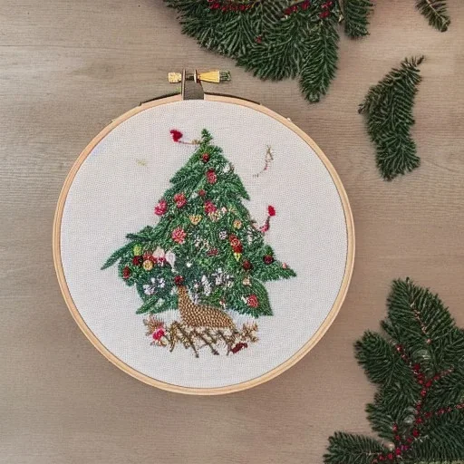 exquisite whimsical christmas forest in embroidery hoop, intricate, highly detailed, linen and wood backdrop