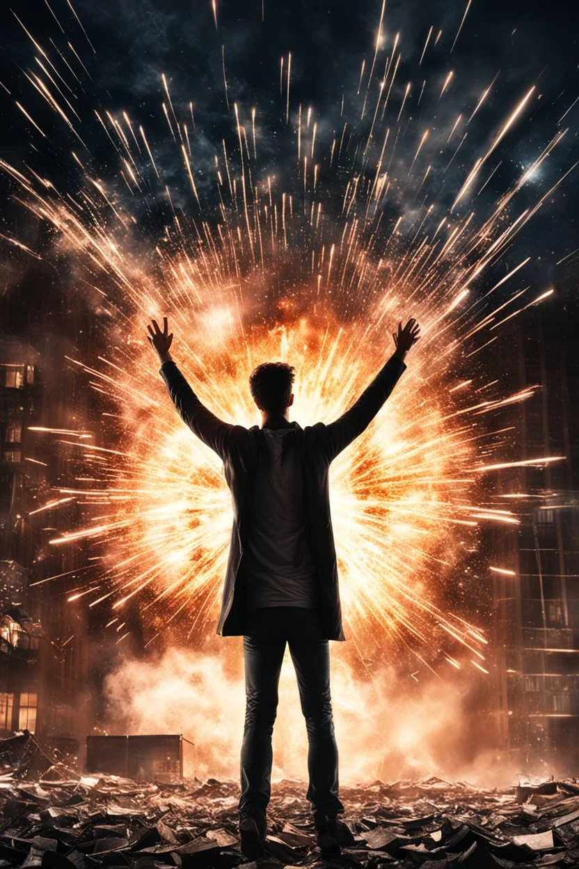 Young man standing, with arms raised, in front of an exploding building at night, with auras around him