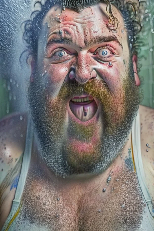 full figure shot photography of 43 years old wet sweat burly chubby very ugly italian plumber smiling under the shower , hands behind the head , manly chest , in white overalls, beard , wet, sweat, curly hairs, tattoo, big tights, photorealistic, Canon EOS, hyper-realistic, very detailed, drunk eyes, natural colours, sunlight, ambient occlusion, the light shines on wet skin