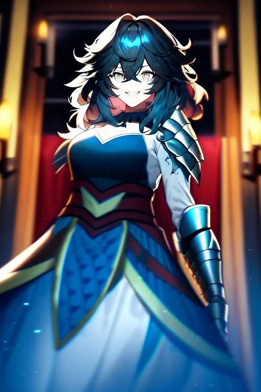 girl, masterpiece, best quality, cinematic lighting, detailed outfit, vibrant colors, perfect eyes, messy hair, hair between eyes, indoors, depth of field, ray tracing, armored dress, angry, smile,