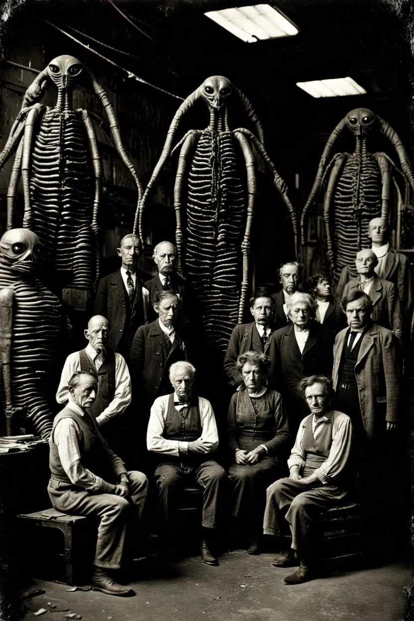 1900's black and white vintage photo, interior, working (alien) organ manufacturing factory warehouse, unhappy and angry,stange long grey alien human hybrid creature with a family that is super sad, captured on square format film, grainy brown, aged, old men depressed, tired