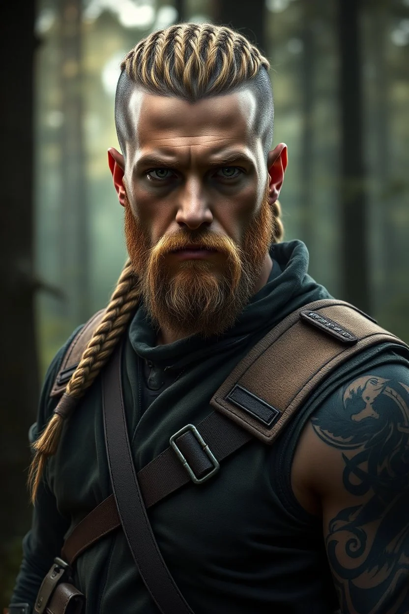 photorealistic hyperdetailed portait of 28-year-old german male, as mercenary with long blonde braided and undercut hair, tribal tattoos and neatly trimmed beard wearing modern mercenary uniform dark fantasy forest backdrop