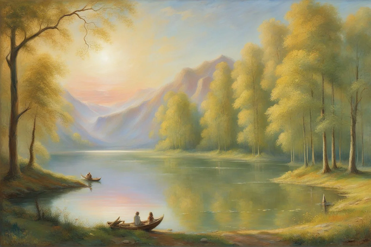 sunny day, lake, trees, sci-fi, mountains, galactic and trascendent, cosmic influence, friedrich eckenfelder and hans am ende impressionism paintings