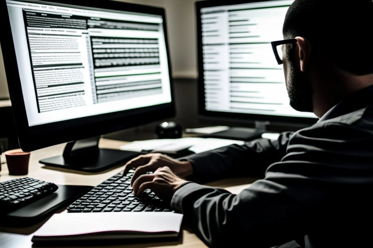 Someone sitting in front of a computer checking information and sources.