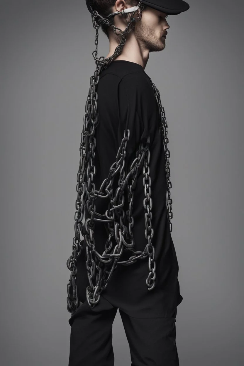 A black shirt for men open be at noon and in the openings contains chains