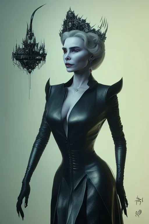 Constance Langdon as evil queen in black leather, leather, busty, cleavage, angry, stern look. character design by cory loftis, fenghua zhong, ryohei hase, ismail inceoglu and ruan jia. unreal engine 5, artistic lighting, highly detailed, photorealistic, fantasy