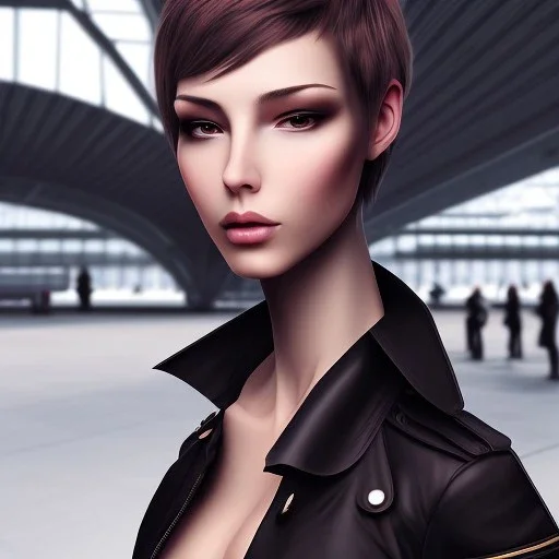 A tall slender naked young woman with short hair and a black trench coat longingly waiting for a lover at an airport