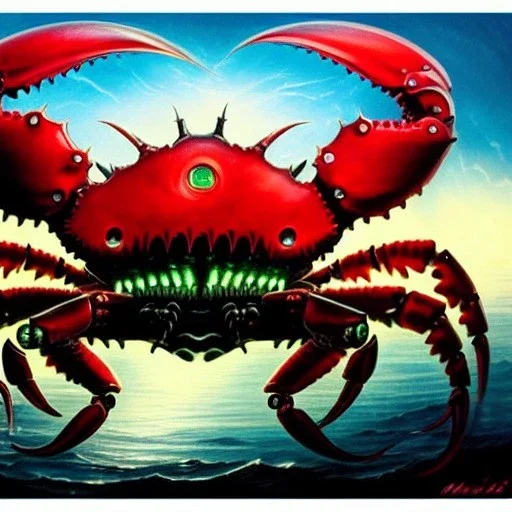 ultra detailed fullbody Drawing of Mecha Sea monster Gigantic RED Alien Crab on the shore ,open mouth, with sharp teeth, with glowing Green eyes, with humungus mechanical pincers, extremely detailed digital painting, intrincate, extremely detailed face,crystal clear Big eyes, in the style of Frank Frazetta, mystical colors , perfectly centered image, perfect composition, rim light, beautiful lighting, 8k, stunning scene, raytracing