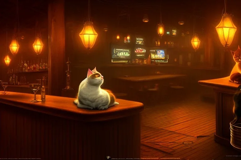 Two fat cats in a bar, high-quality, fine-detail, intricate, digital art, detailed matte, volumetric lighting, dynamic lighting, 3D octane render, Marc Adamus, Ann Prochilo, Romain Veillon,