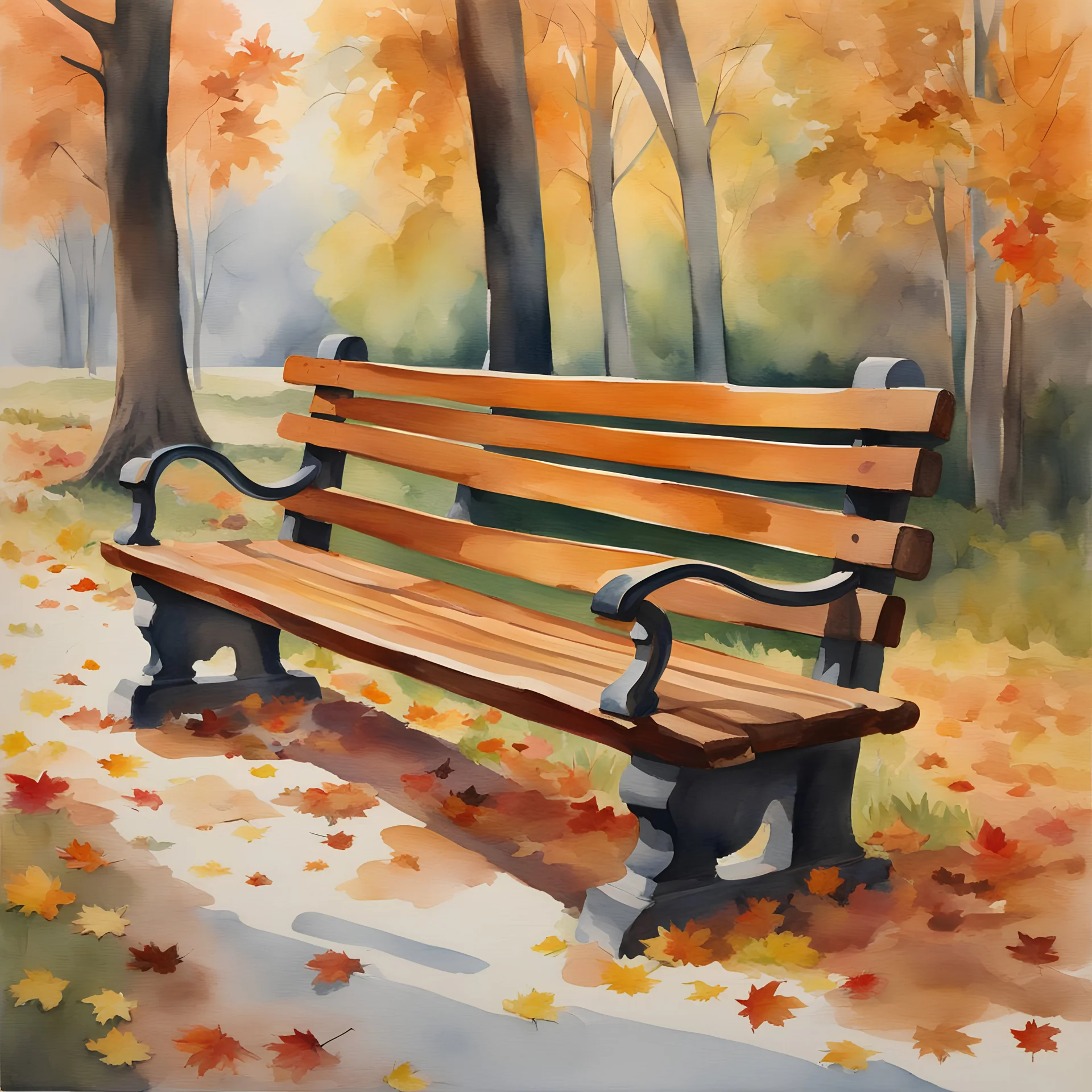 Masterpiece, best quality, watercolor painting style, beautiful painting, Mary Whyte style painting of wooden bench in autumn park, painted by Mary Whyte, detailed watercolor painting, wooden bench in the park, autumn, falling autumn leaves, autumn trees, high detailed, high quality, 4k