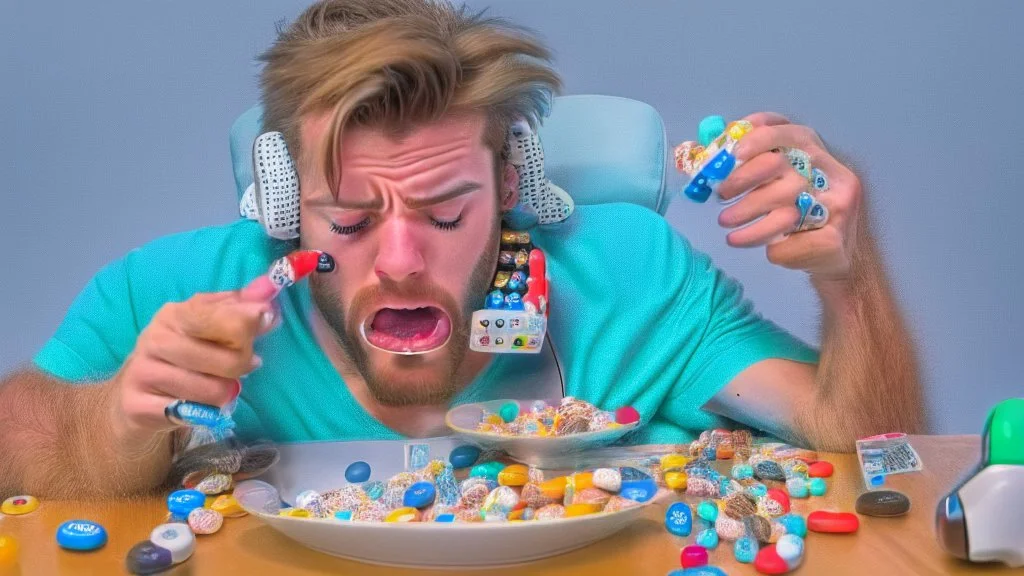 guy frantically eating a lot of pills while on the phone