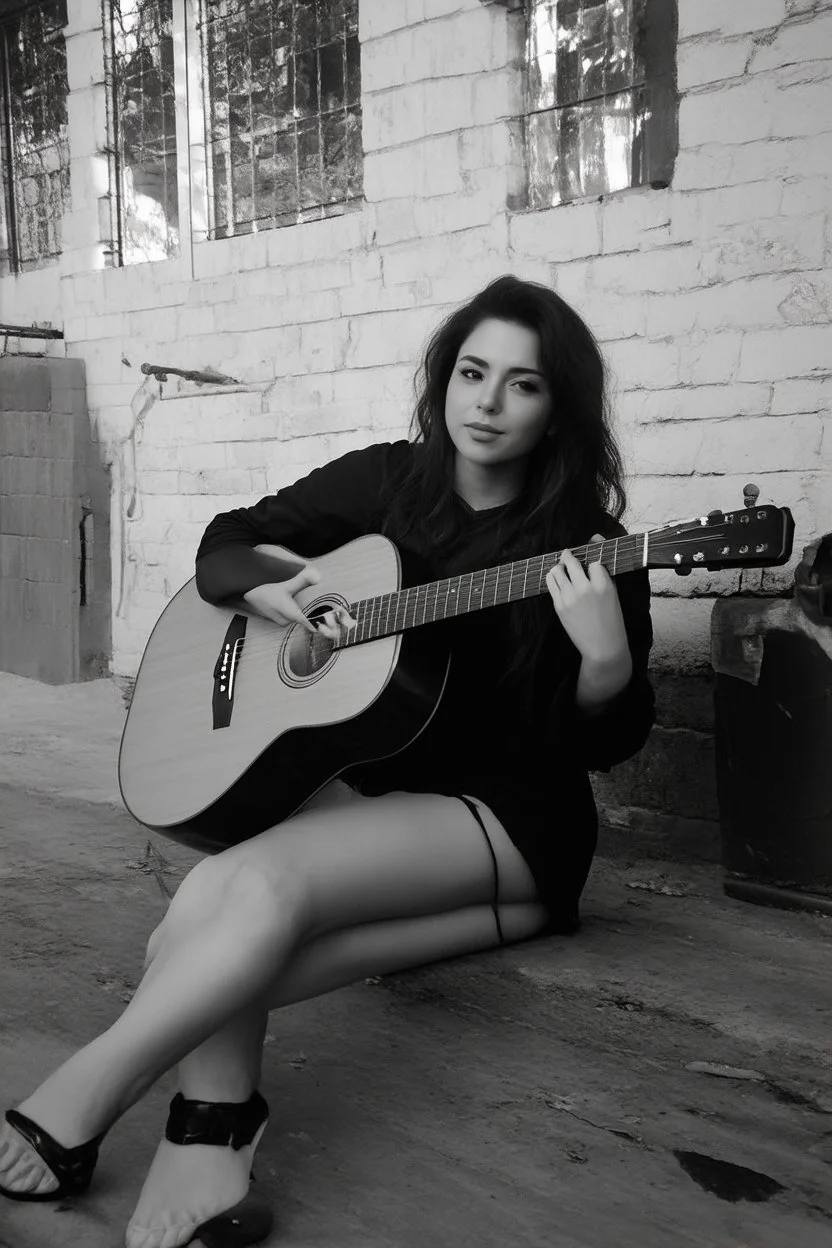 beautiful woman playing acoustic guitar in mid west blck and white old photto