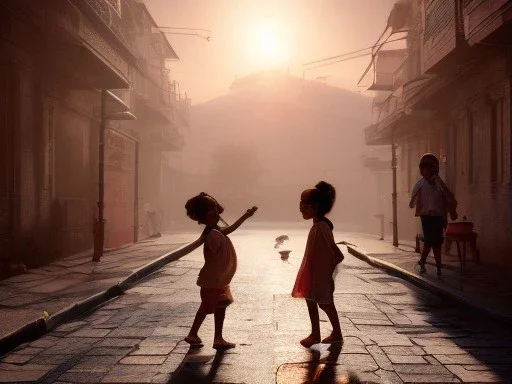 children playing on the Indian street capture them against the sun and make an art silhouette, details, sharp, 8k