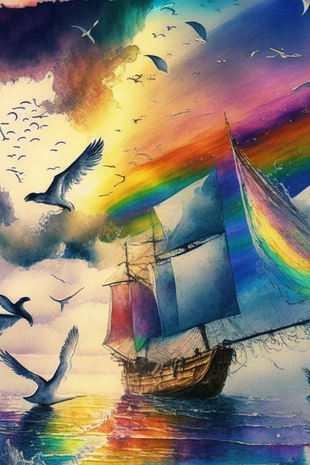 Rainbow in the darkening sky sunset sailing boats with snow-white sails seagulls on the shimmering water Jean-Baptiste Monge style surreal a masterpiece razor-sharp focus dynamic lighting watercolor and ink concept art extremely detailed psychedelic 8k beautiful high detail high definition colourful matte background Michelangelo Van Gogh colorful dramatic lighting fine art reflections whimsical National Geographic photography Alexander Archipenko Romantic Impressionism Fantasy illustration