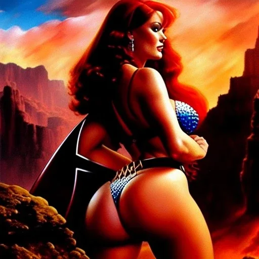 portrait oil on canvas, beautiful booty busty Red Sonja, minimal armor,comic book cover, mystical colors,insanely detailed,realistic,intrincate detail, 16k resolution, masterpiece,Frank Frazetta,Alex Horley, Simon Bisley,