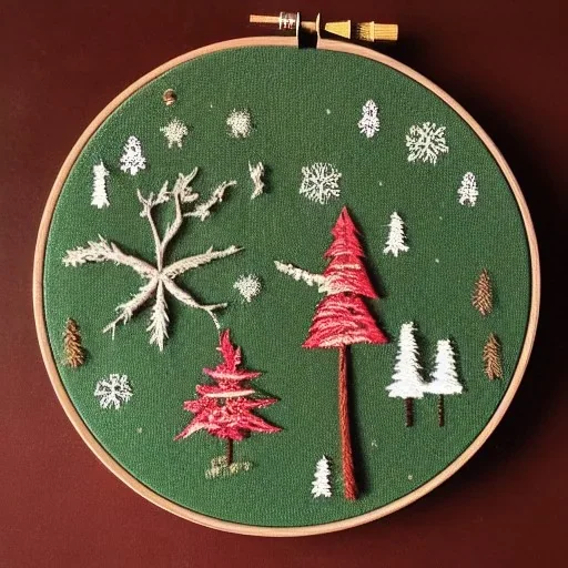 exquisite whimsical christmas forest in embroidery hoop, intricate, highly detailed, linen and wood backdrop