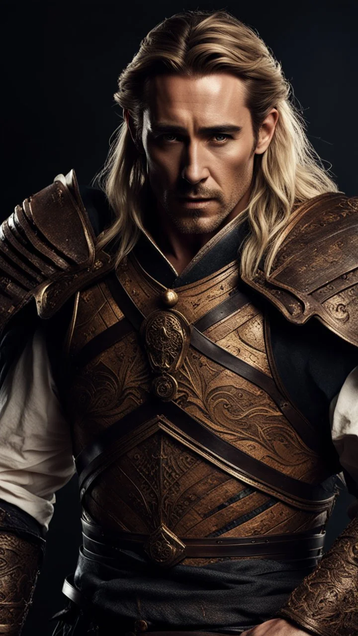 Lee Pace as handsome warrior king, muscular, long blonde hair, male age 30, wearing jeans and a white shirt, tan skin, tattoos,photorealistic 4k dark fantasy