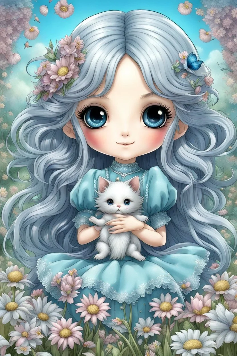 cute happy fairy girl with rounded blue eyes, big long silver hair, and with tiny black fluffy kitty sitting in her five fingers hands, chibi 3d anime character, detailed, fantasy style, nice picture in the big meadow with pale colors flowers