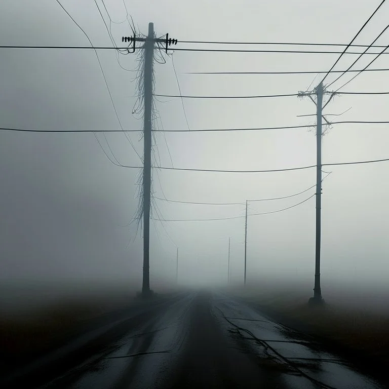 An empty road on a misty day. Telegraph poles and wires. Muted tones. Tilted high horizon. With blotches, blurry areas and lens noise and grain. Photo 4k