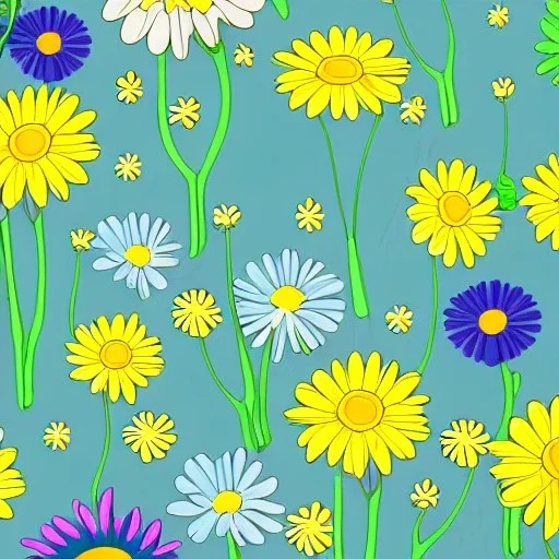 adorable illustration of a bouquet of daisies, digital illustration, pastel colors, plain yellow background