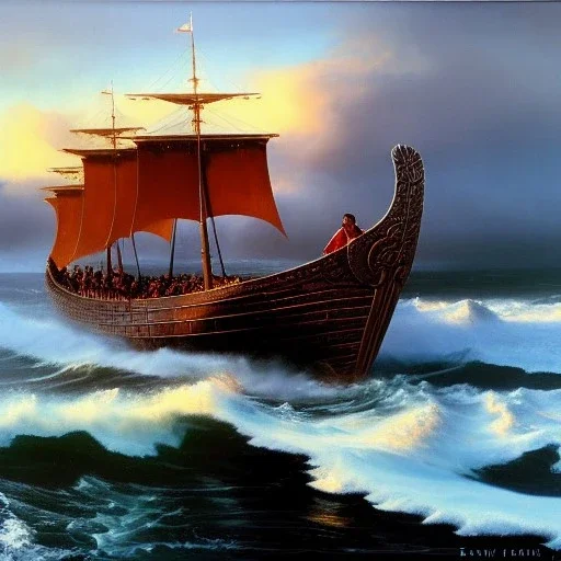 portrait of 'Viking Ship on rough seas',snow,vikings,ancient armor,painting by Earl Norem, simon Bisley,frazetta evan lee, Vallejo,kelly oil on canvas, cinematic composition, extreme detail,fit full head inside picture,8k