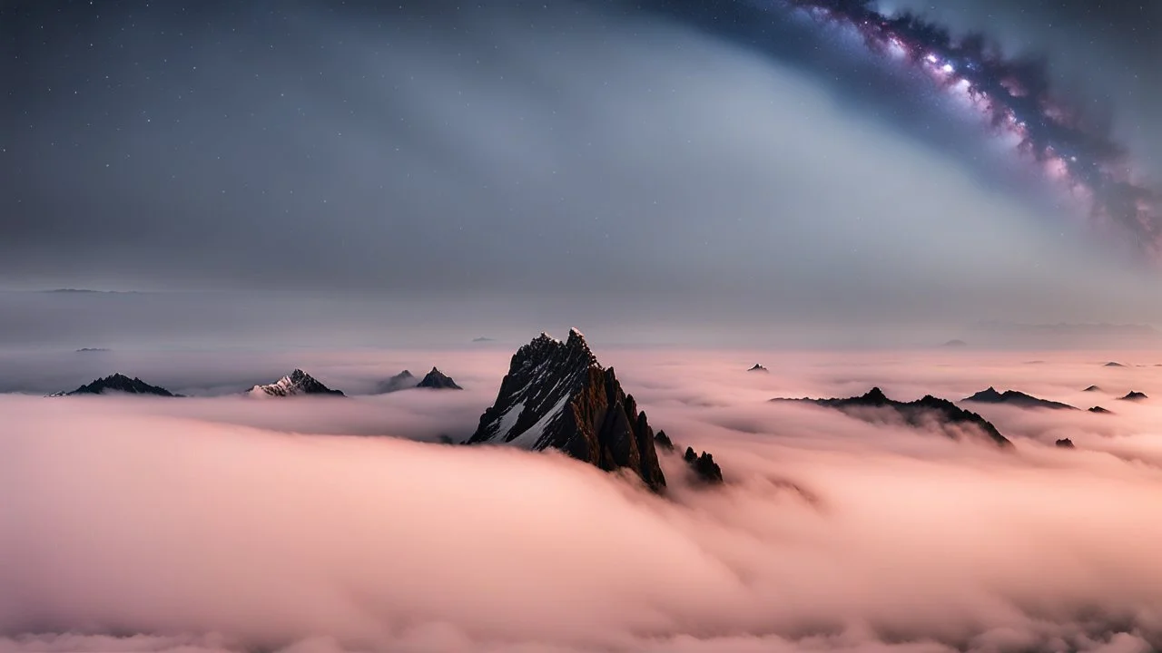 A surreal night-time scene featuring a sharp mountain peak rising through a thick layer of fog. The mountain's dark, jagged silhouette contrasts against the soft, pastel hues of the fog illuminated by moonlight. Above, the night sky is adorned with countless stars and a segment of the Milky Way, adding a sense of wonder and vastness to the scene. The overall atmosphere is mystical and serene, capturing the beauty of nature in a high-resolution, panoramic view.